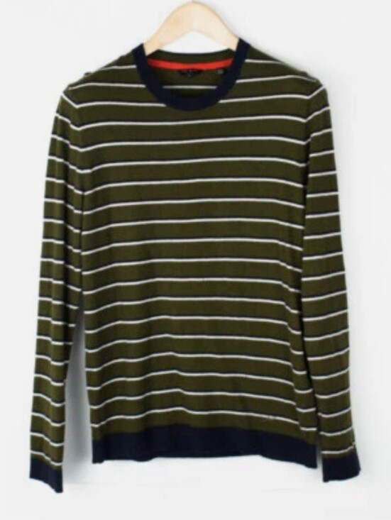 Ted Baker Other - Ted Baker Men Size Small Green Striped Crewneck Sweater Navy Trim Silk Blend